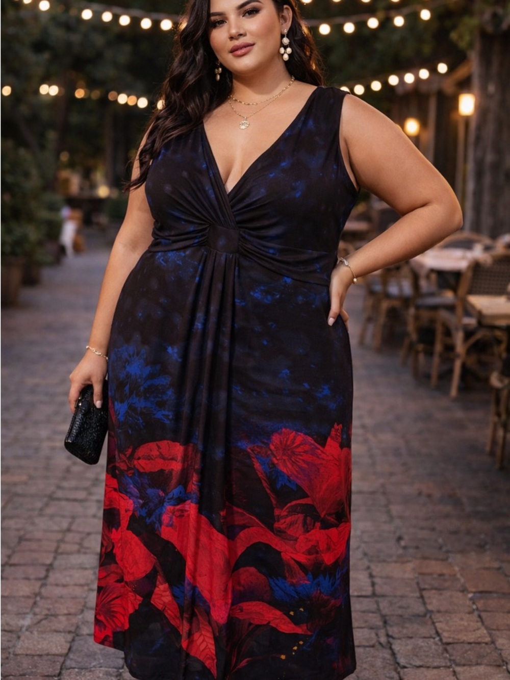 Ulla Popken Plus Size 24/26 Maxi Dress Floral Black Red Blue Flowy Boho Chic